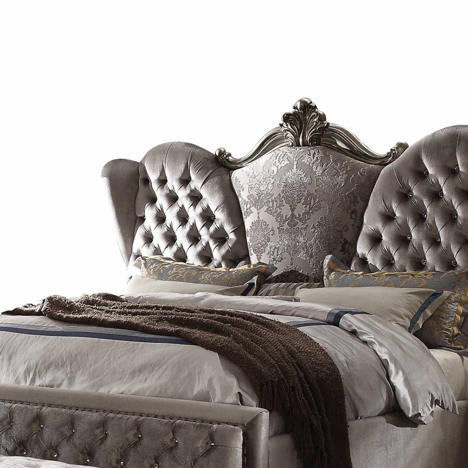 Queen Tufted Gray Upholstered Velvet Bed With Nailhead Trim