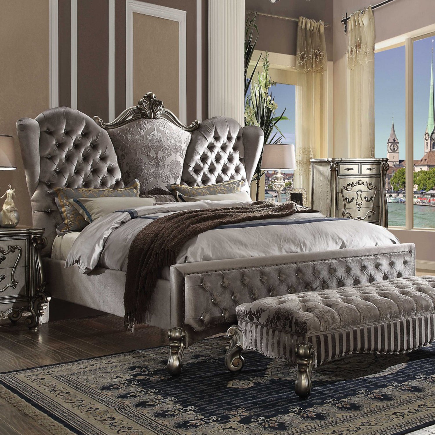 Queen Tufted Gray Upholstered Velvet Bed With Nailhead Trim