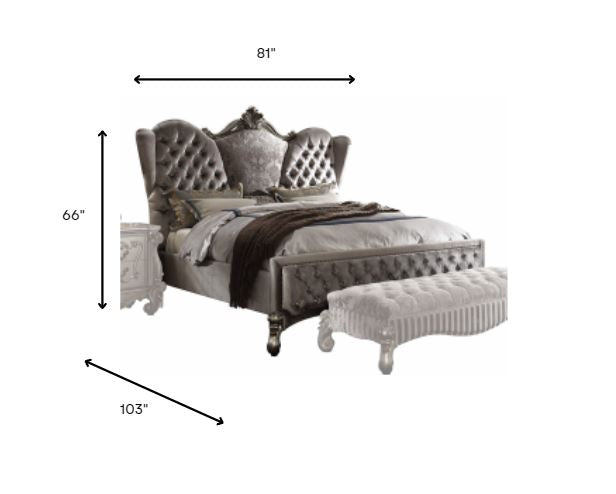 Queen Tufted Gray Upholstered Velvet Bed With Nailhead Trim