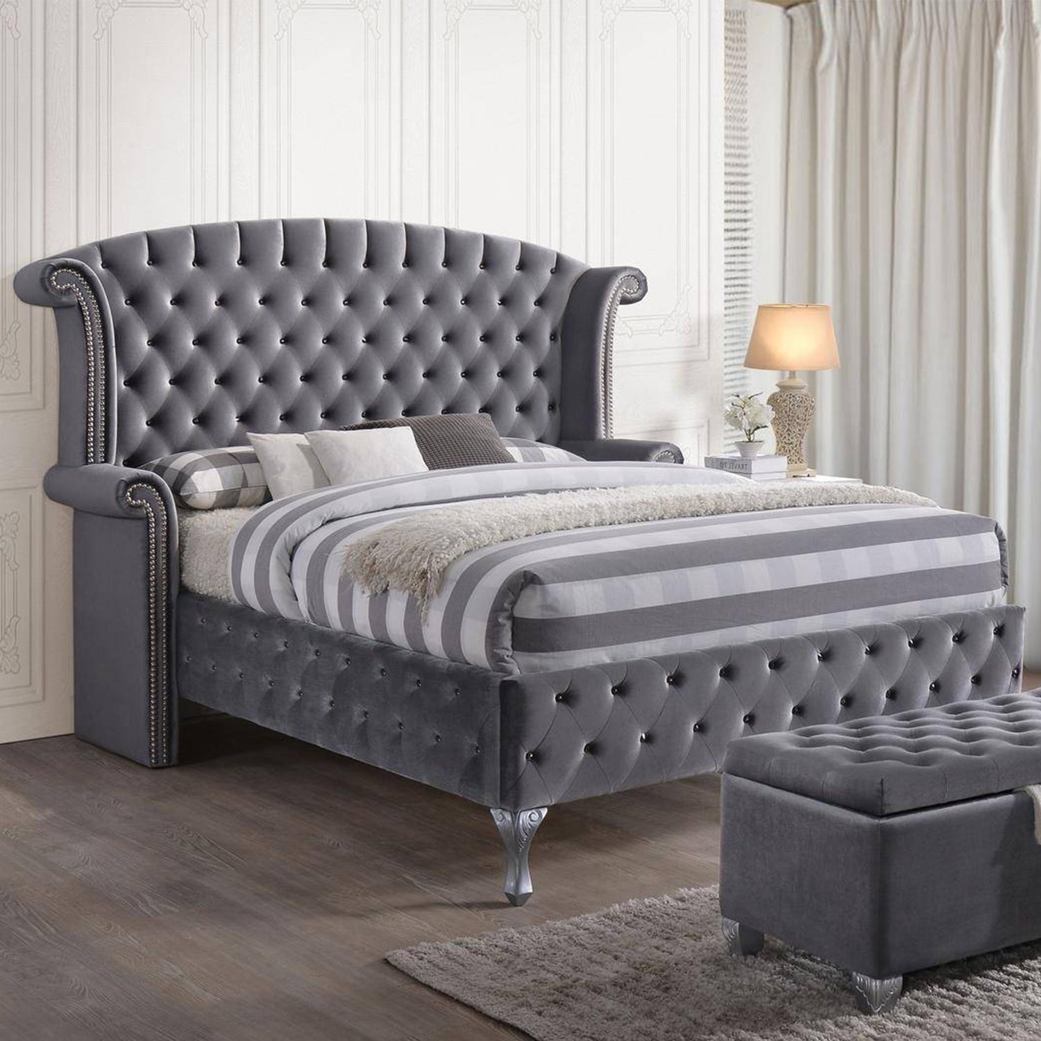 Queen Tufted Gray Upholstered Velvet Bed With Nailhead Trim