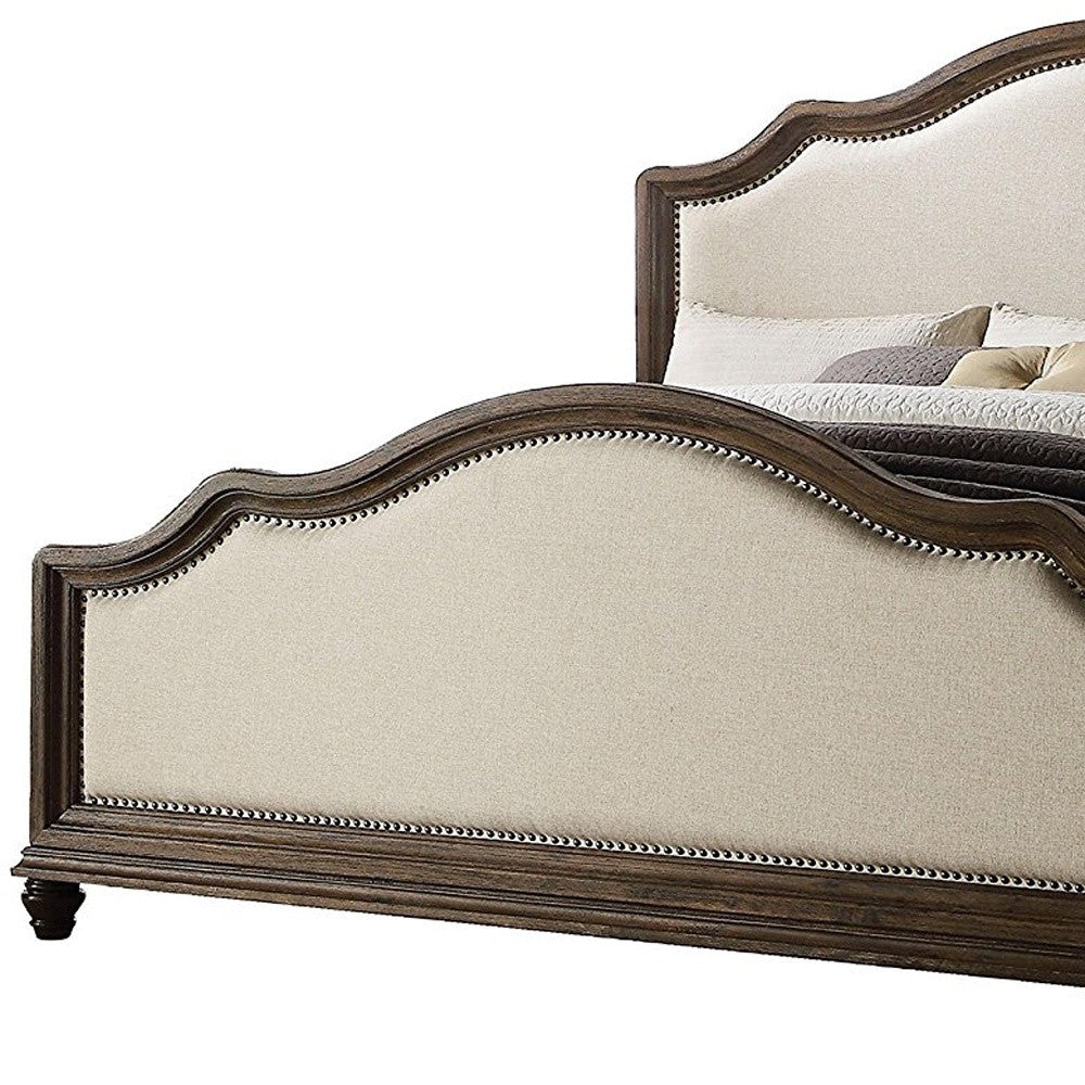 Queen Beige Upholstered Linen Bed With Nailhead Trim