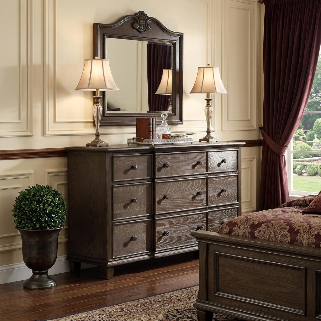 60" Dark Brown Solid Wood Nine Drawer Double Dresser