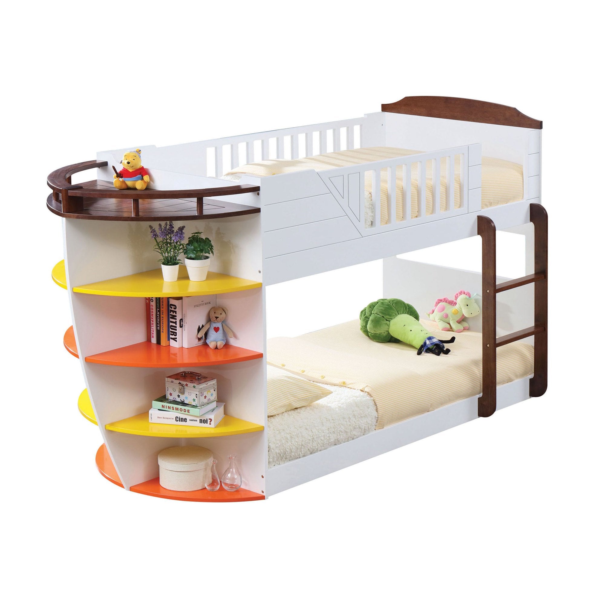 100" X 41" X 57" White And Chocolate Twin Over Twin Bunk Bed With Storage Shelf