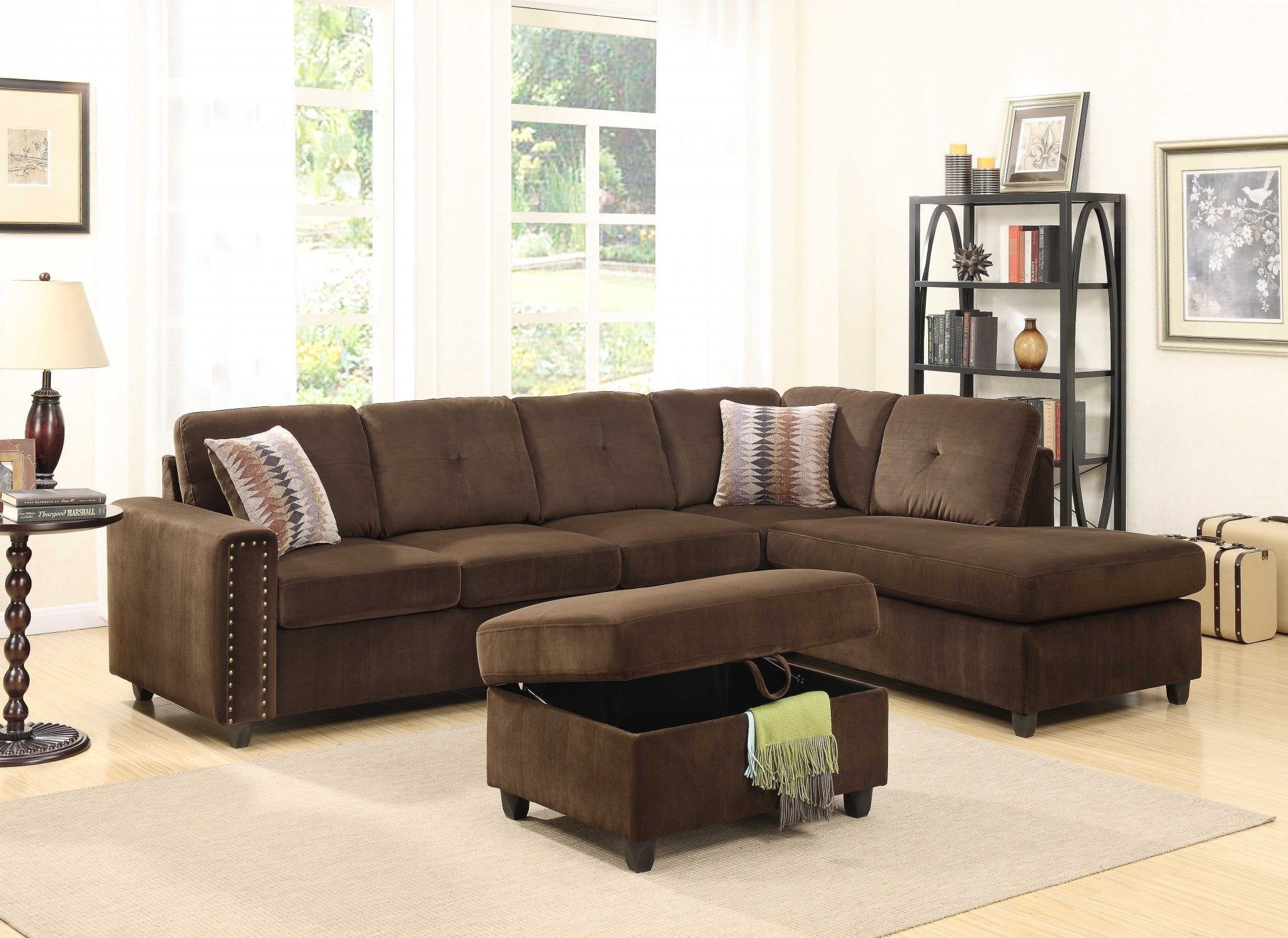 Chocolate Velvet L Shaped Two Piece Sofa and Chaise Sectional