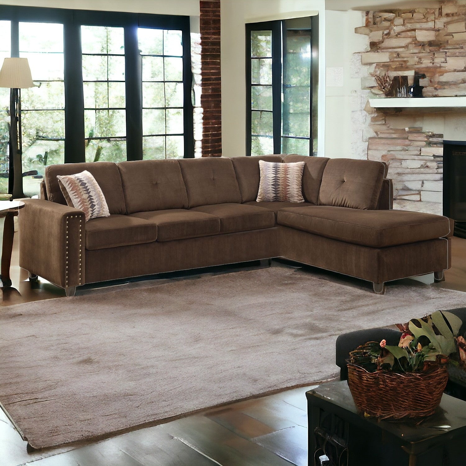 Chocolate Velvet L Shaped Two Piece Sofa and Chaise Sectional