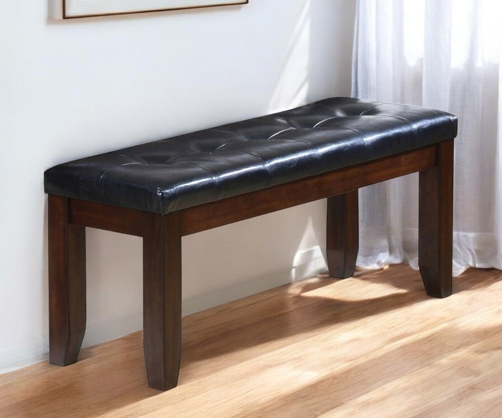 48" Black and Espresso Faux Leather Upholstered Bench