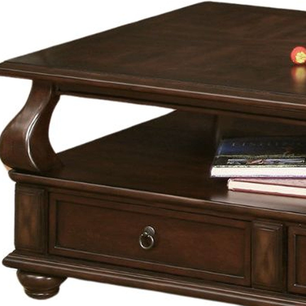 50" Dark Brown Solid Wood Coffee Table With Two Drawers And Shelf