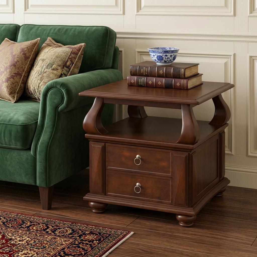 26" Brown Solid Wood Square End Table With Two Drawers And Shelf