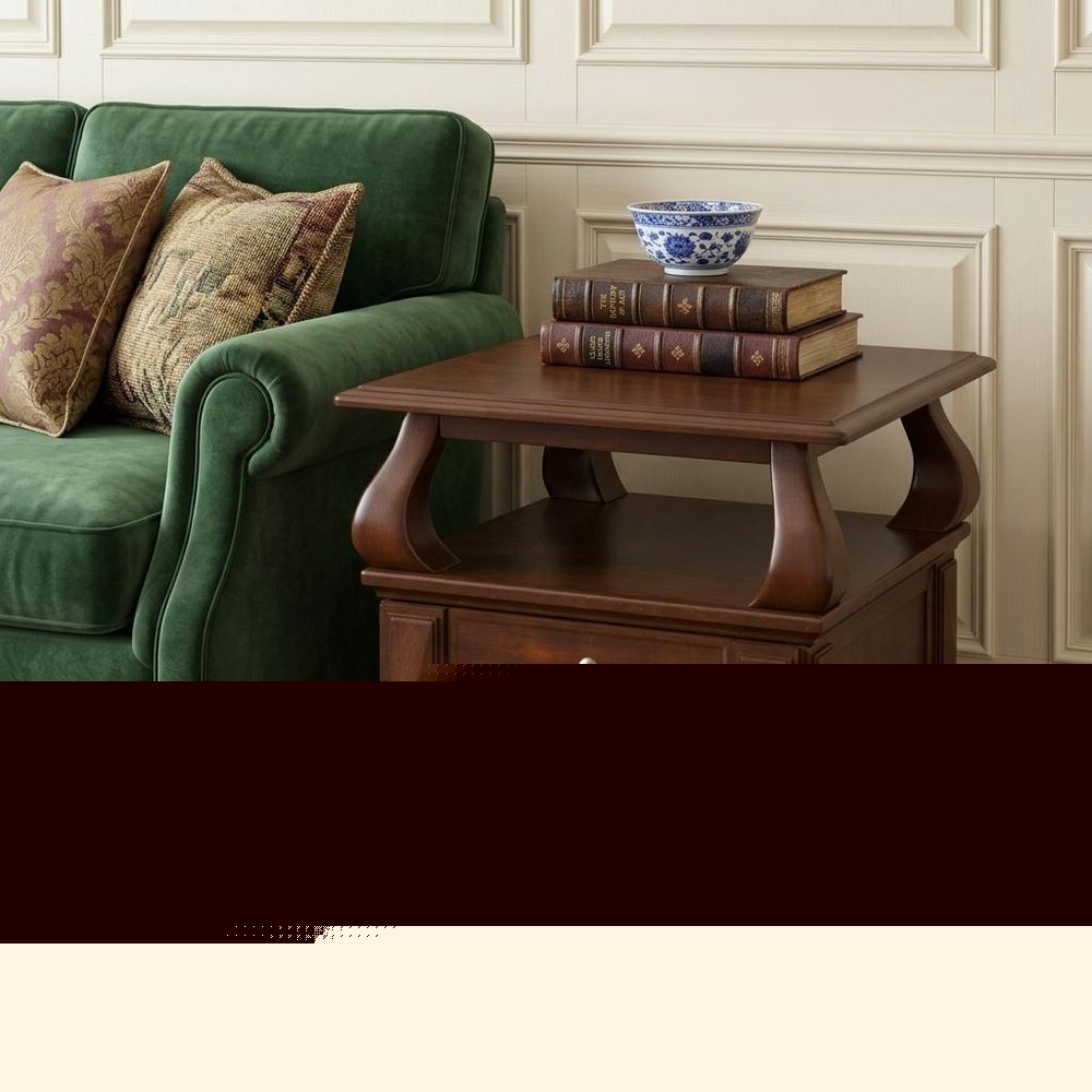26" Brown Solid Wood Square End Table With Two Drawers And Shelf
