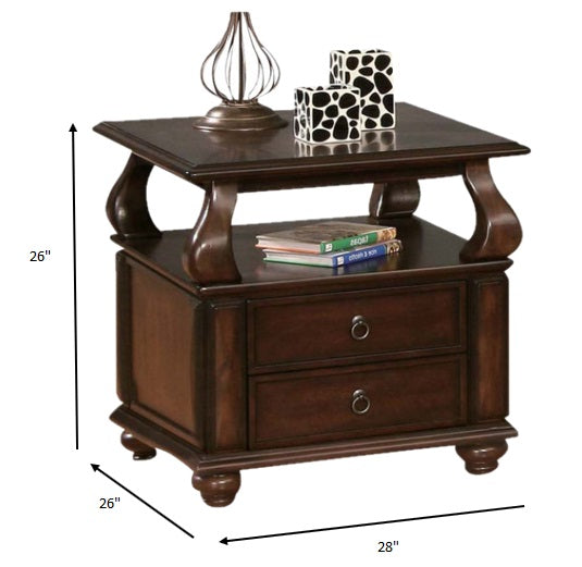 26" Brown Solid Wood Square End Table With Two Drawers And Shelf