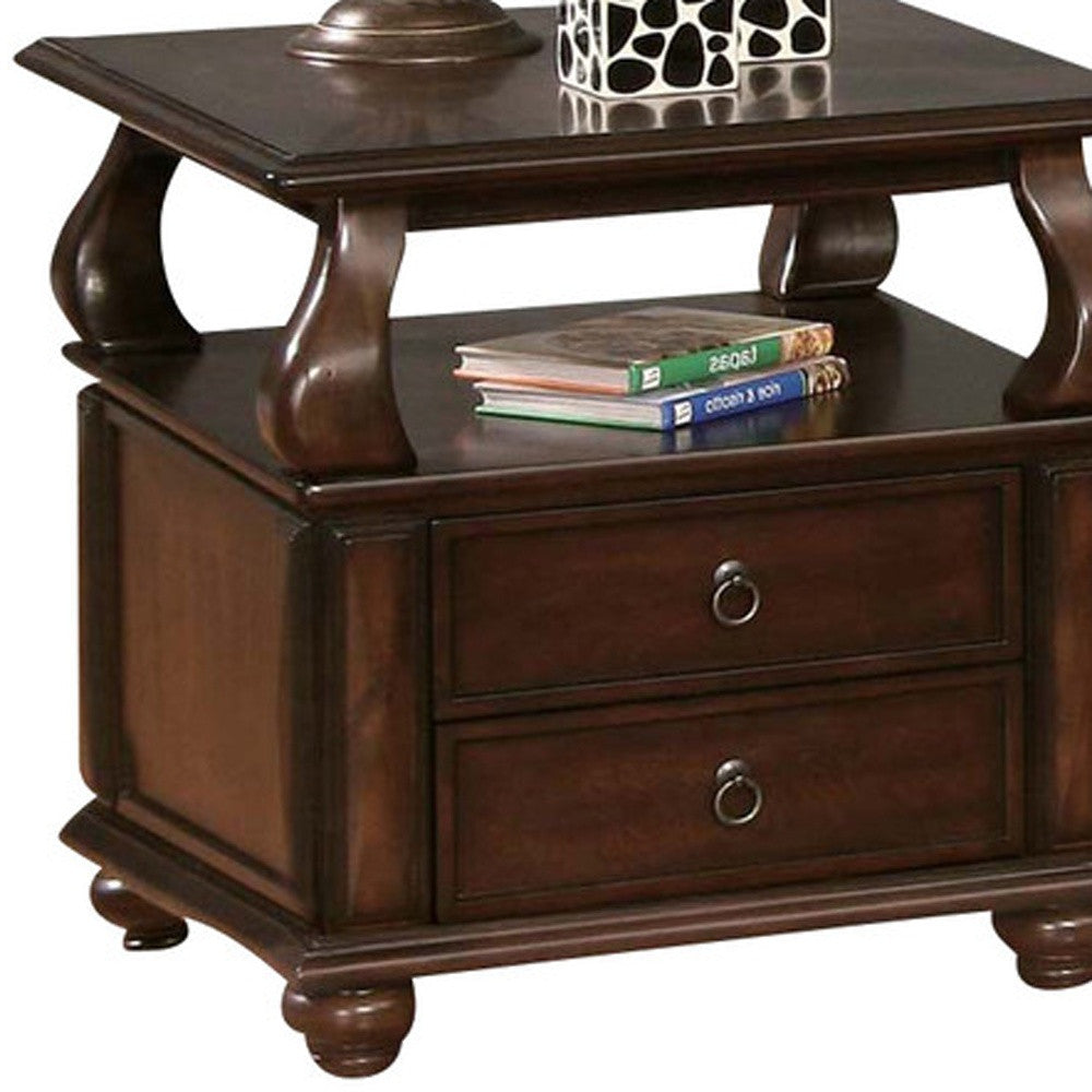 26" Brown Solid Wood Square End Table With Two Drawers And Shelf