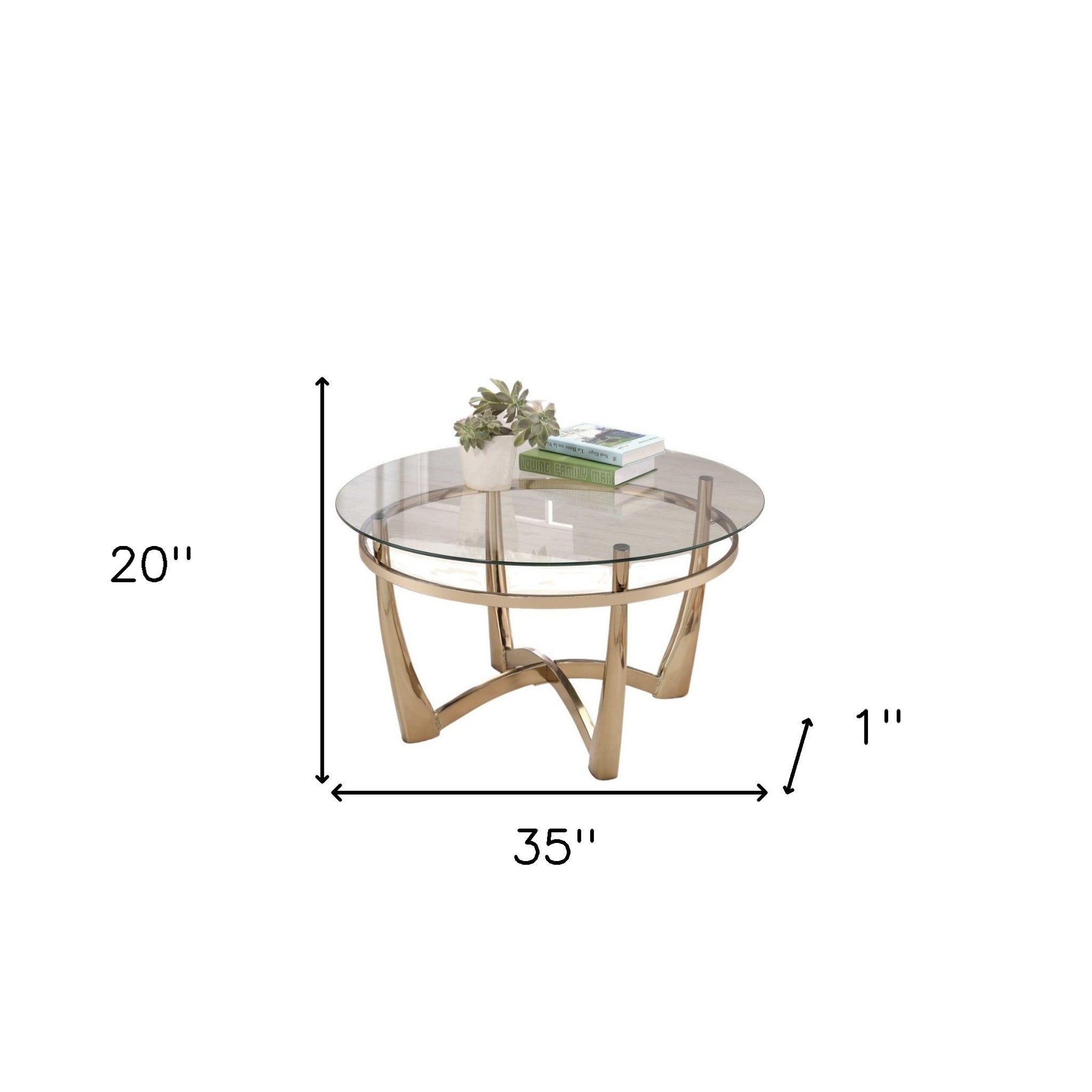 35" Clear And Champagne Glass And Iron Round Coffee Table
