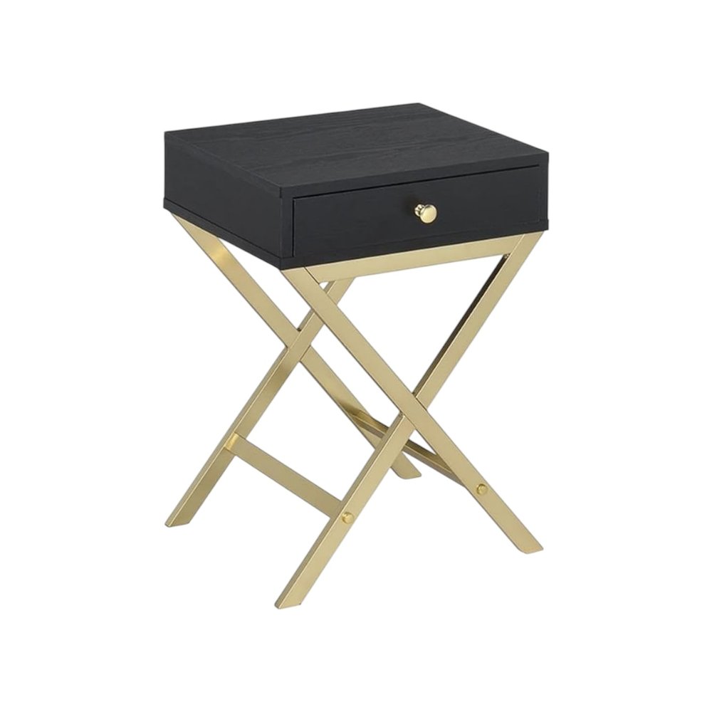 24" Gold And Black Solid Wood End Table With Drawer
