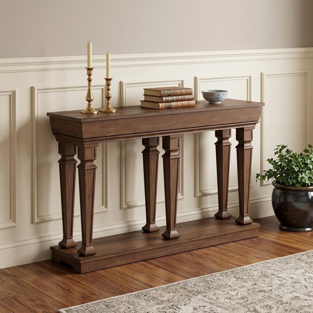 60" Brown Solid Wood Floor Shelf Console Table