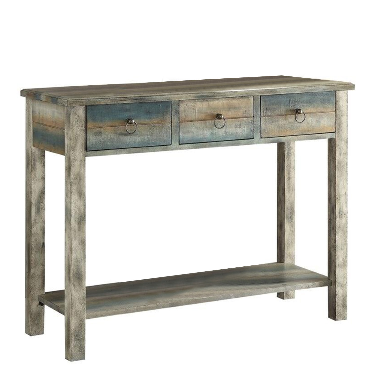 32" X 15" X 35" Antique Oak And Teal Wooden Console Table