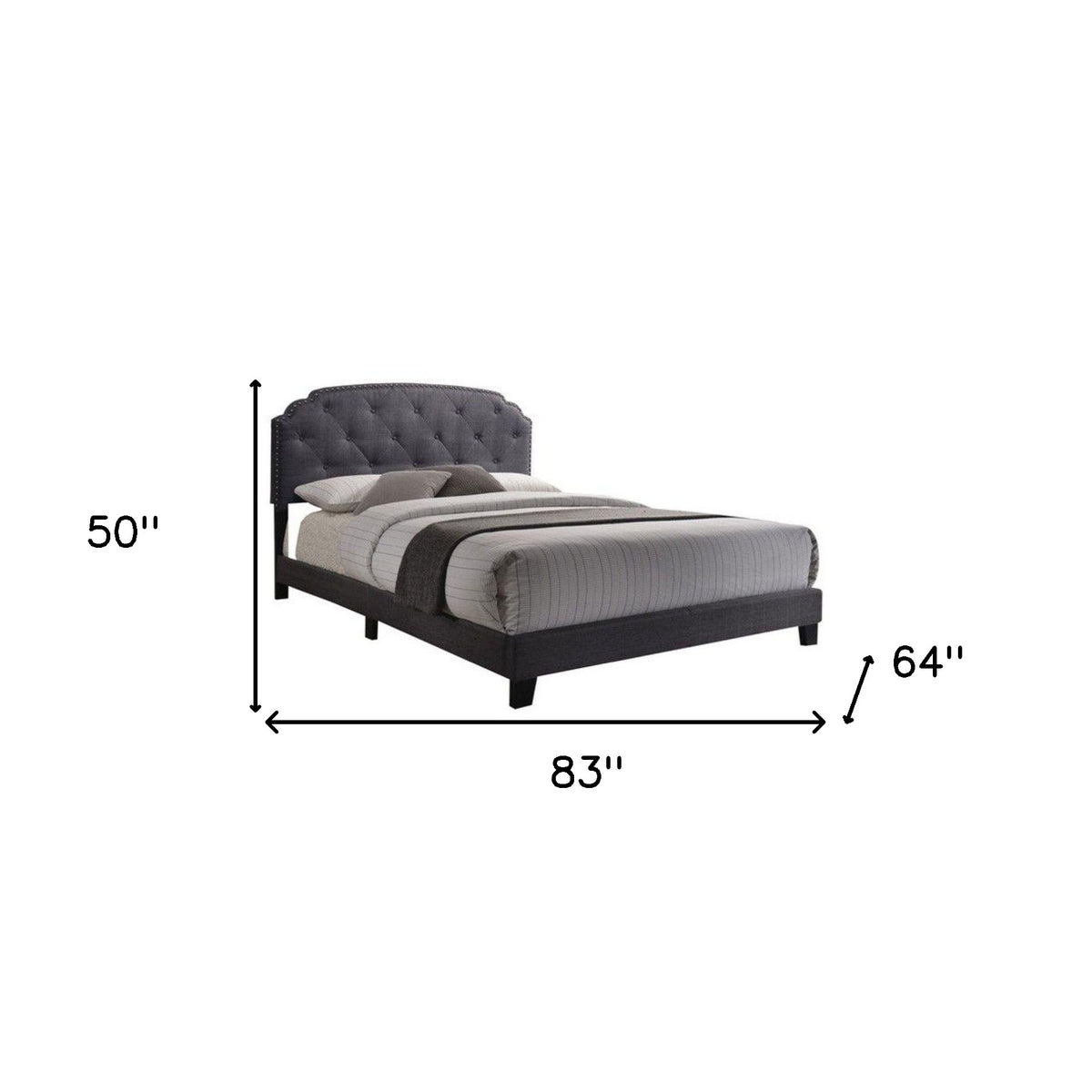 Gray Wood And Tufted Linen Queen Bed Frame with Nailhead Trim