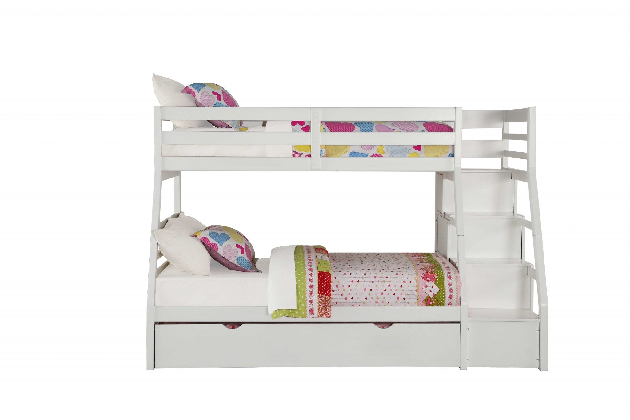 95" X 56" X 65" Twin Over Full White Storage Ladder And Trundle Bunk Bed