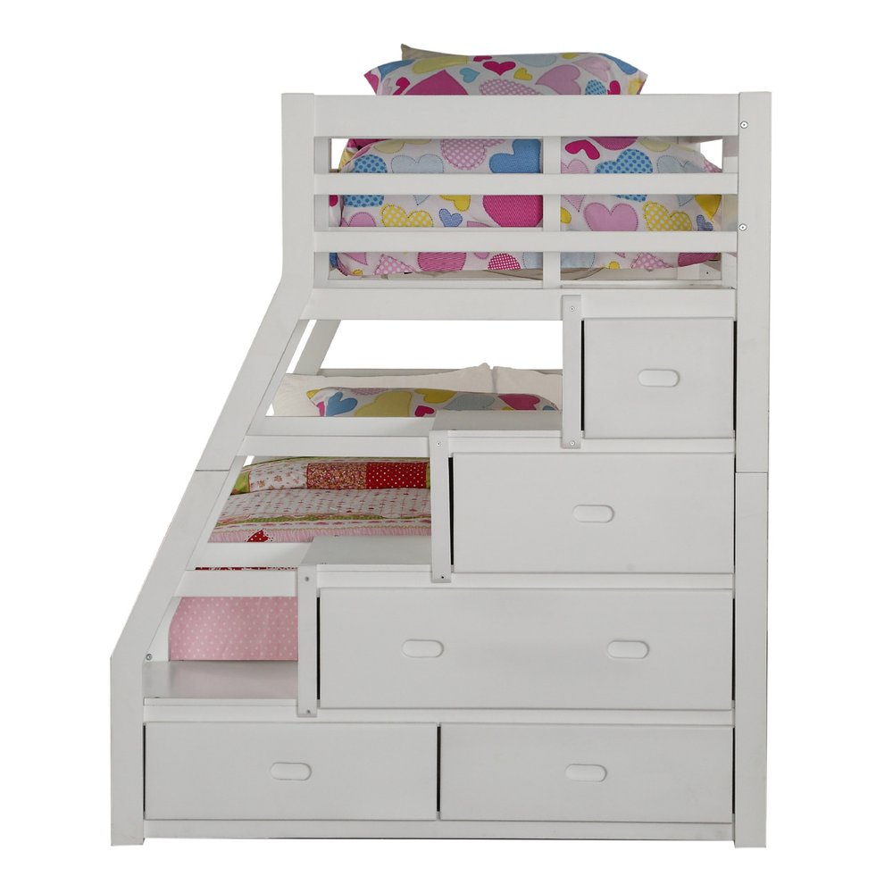 White Twin Over Full Solid Wood Bunk Bed With Stairs And Trundle And Storage
