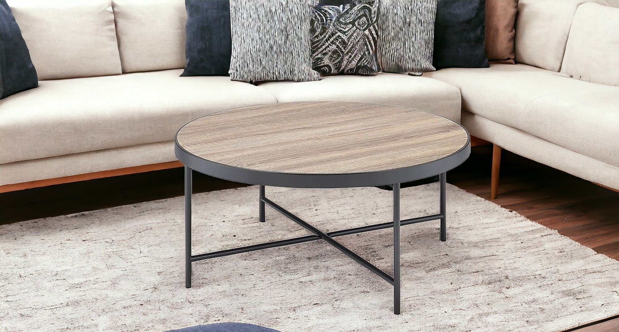 32" Brown And Black Iron Round Distressed Coffee Table