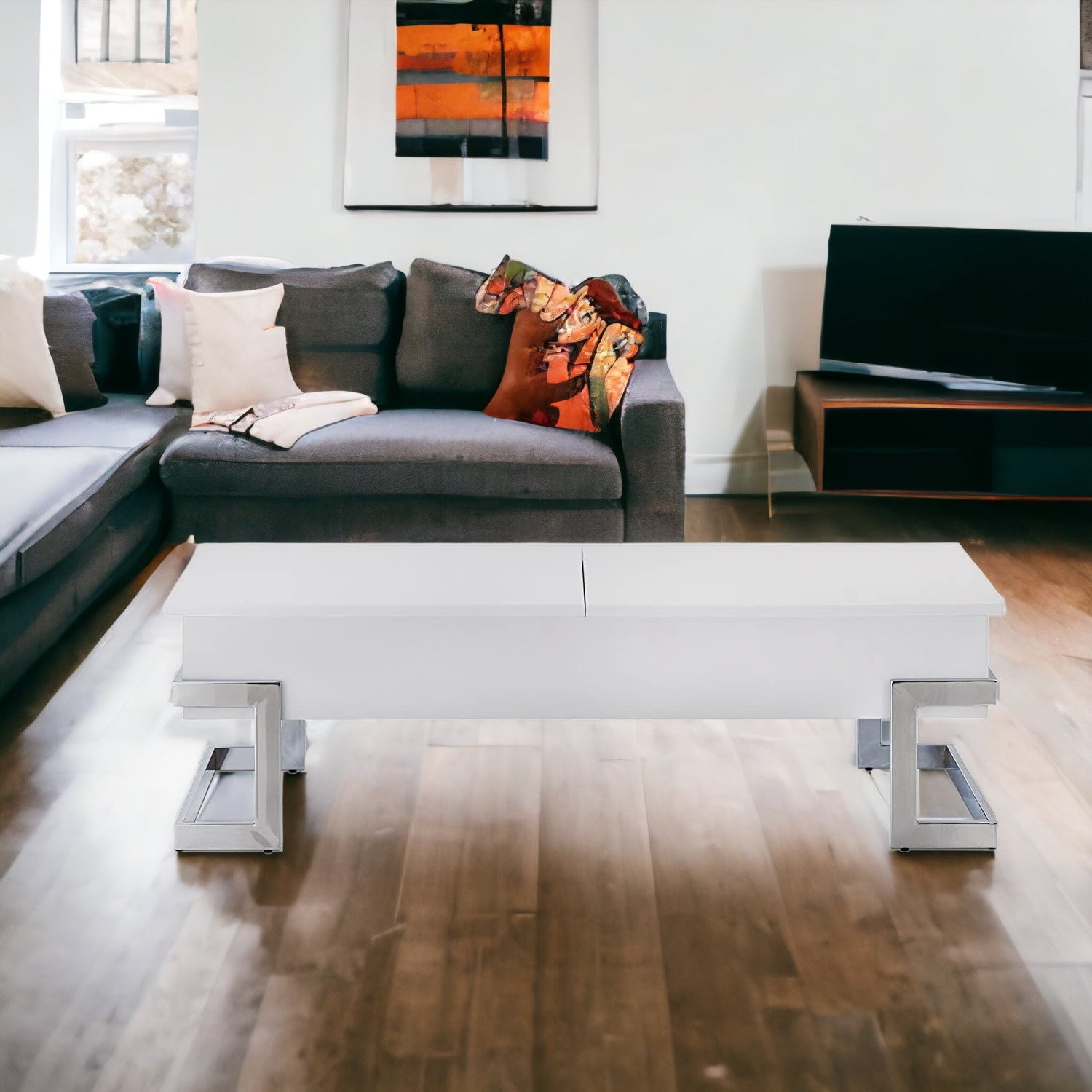 47" White And Silver Metal Lift Top Coffee Table