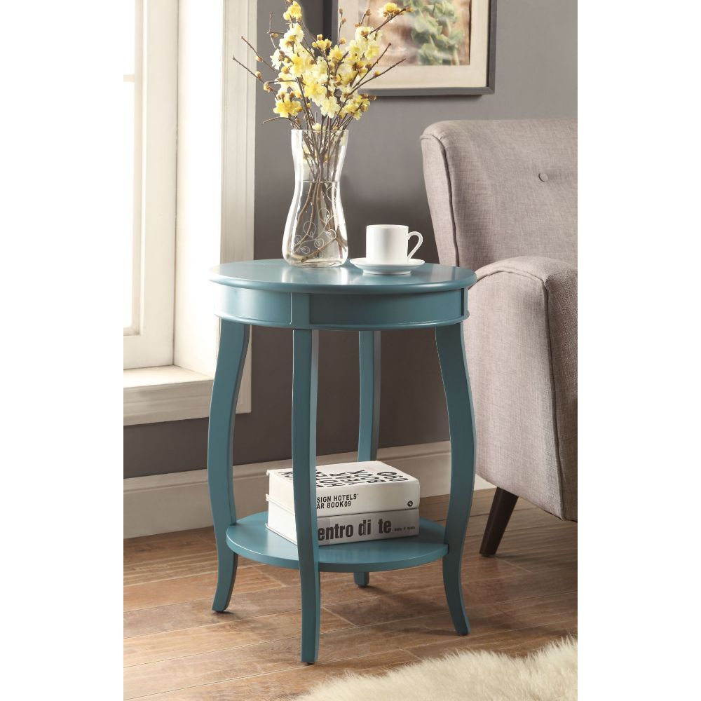 24" Teal Blue Solid Wood Round End Table With Shelf