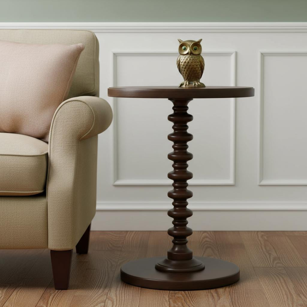 22" Brown Solid Wood Round Pedestal End Table