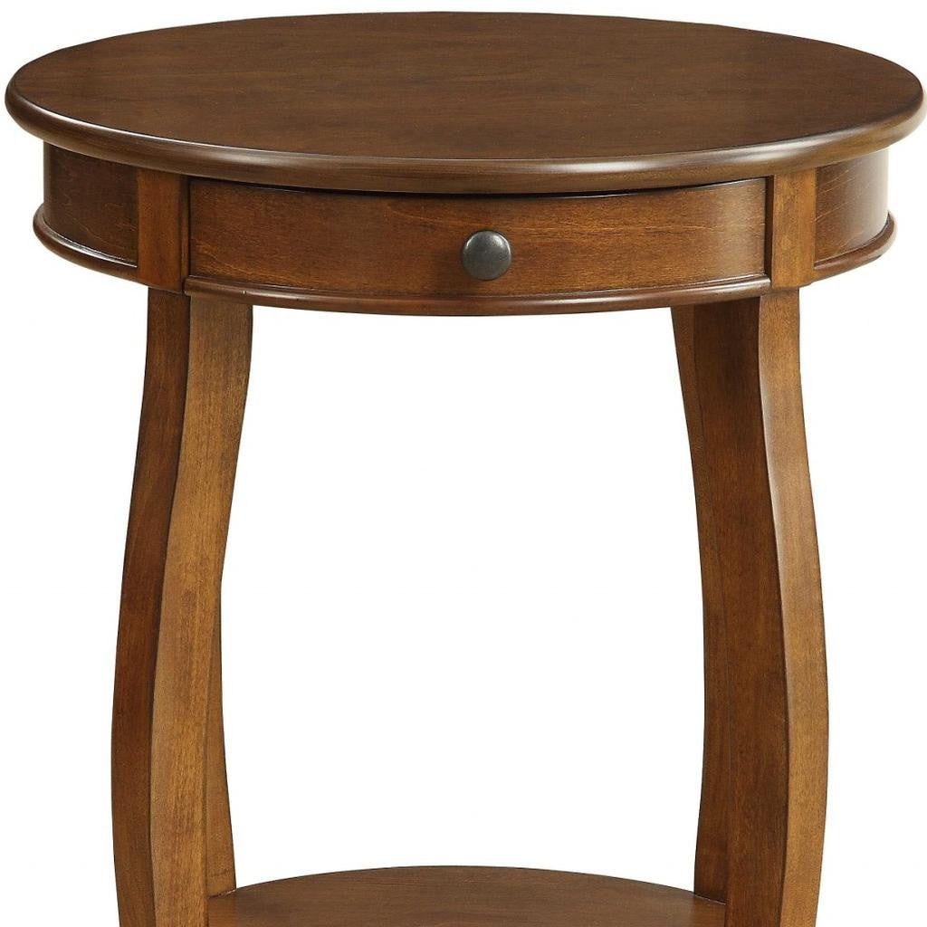 24" Brown Solid Wood Round End Table With Shelf