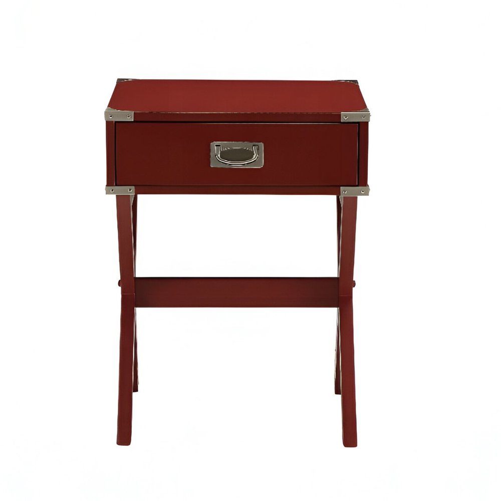 24" Red Wood Cross Legs End Table With Drawer