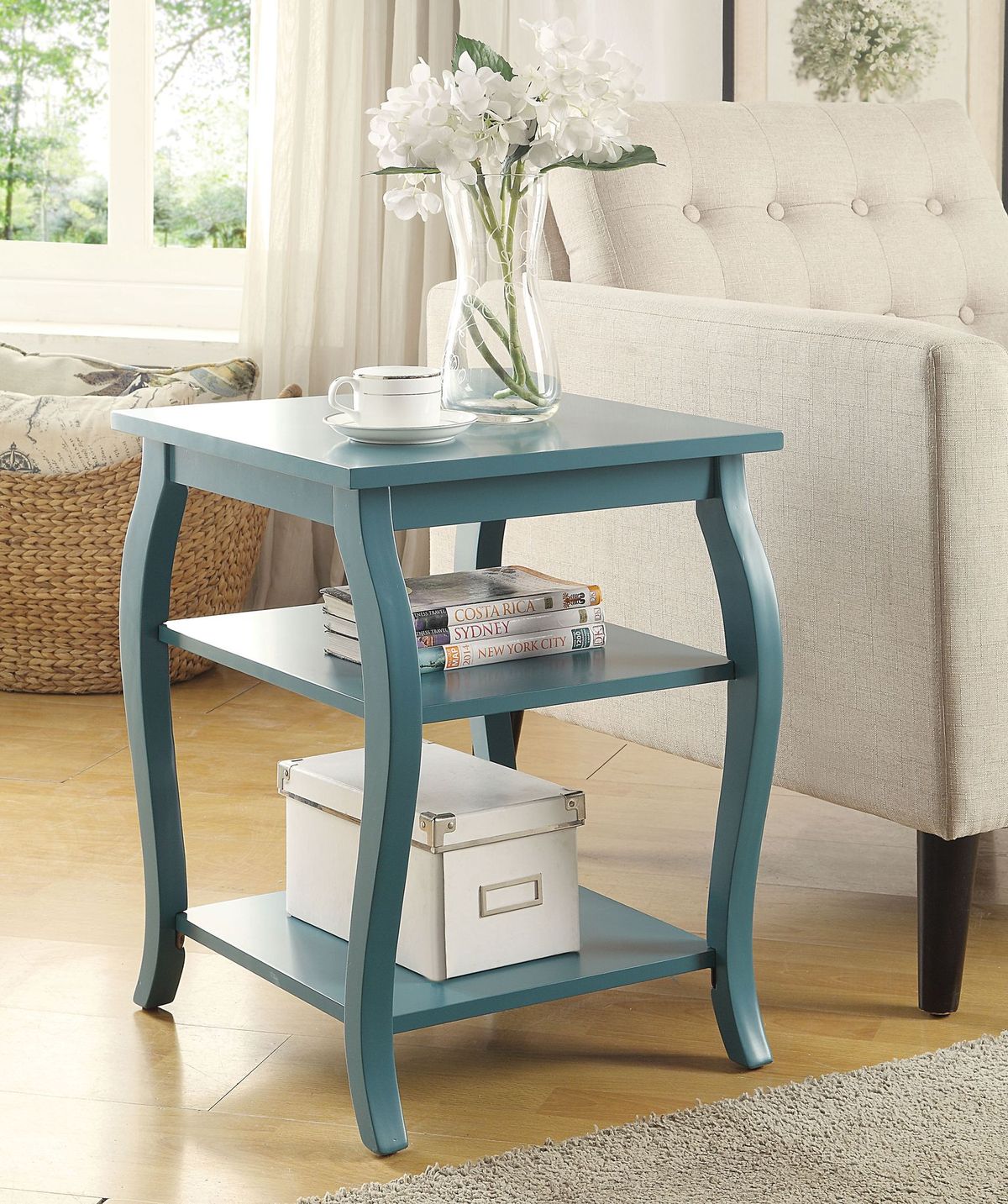 23" Brown Wood Bow Leg End Table With Two Shelves