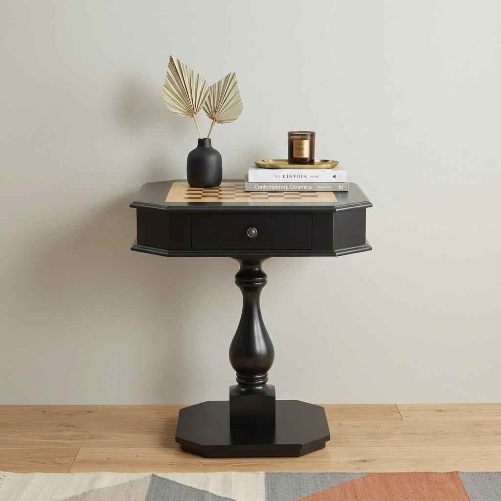28" Black Wood Octagon Pedestal Console Table With Drawer
