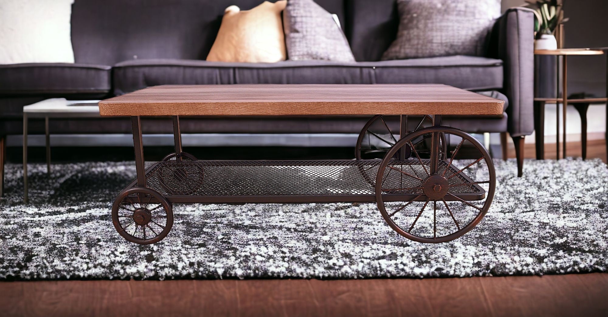 Rectangular Oak Finish Coffee Table With Metal Mesh Bottom Shelf