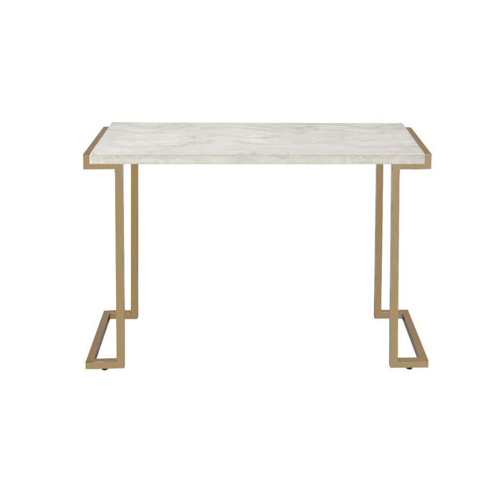 44" White and Gold Faux Marble And Iron Sled Coffee Table