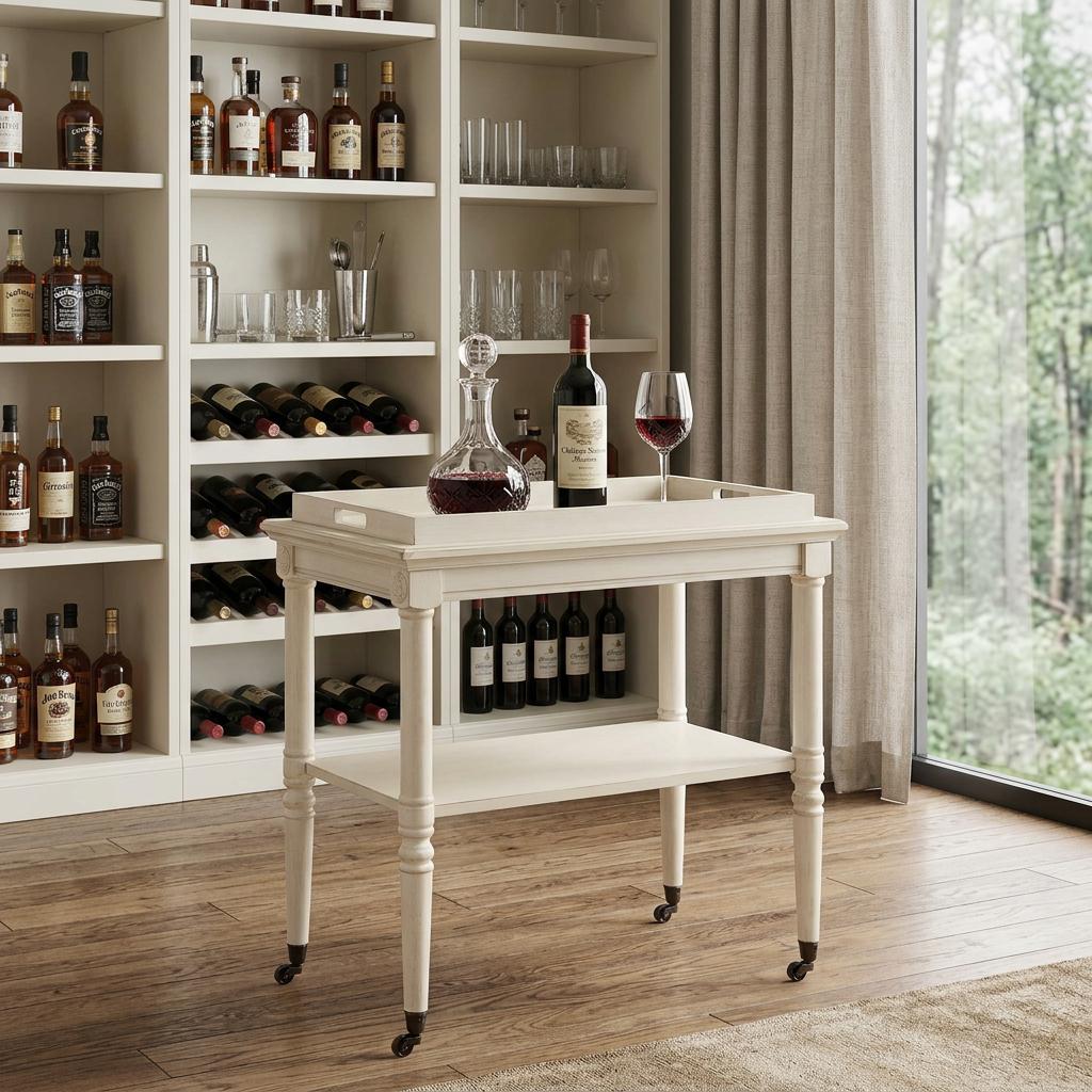 30" Antiqued White Wood Rolling Bar Cart