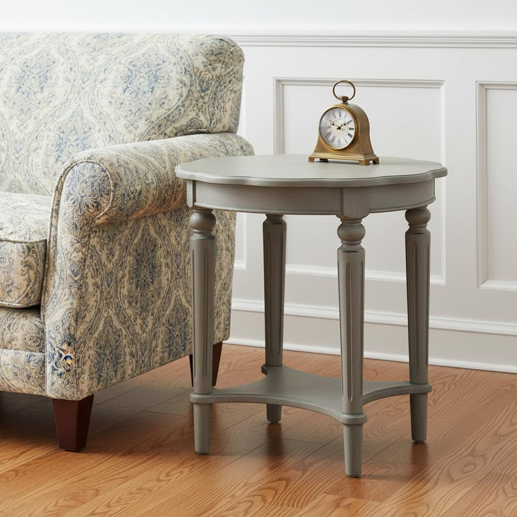 24" Light Slate Gray Solid Wood Round End Table With Shelf