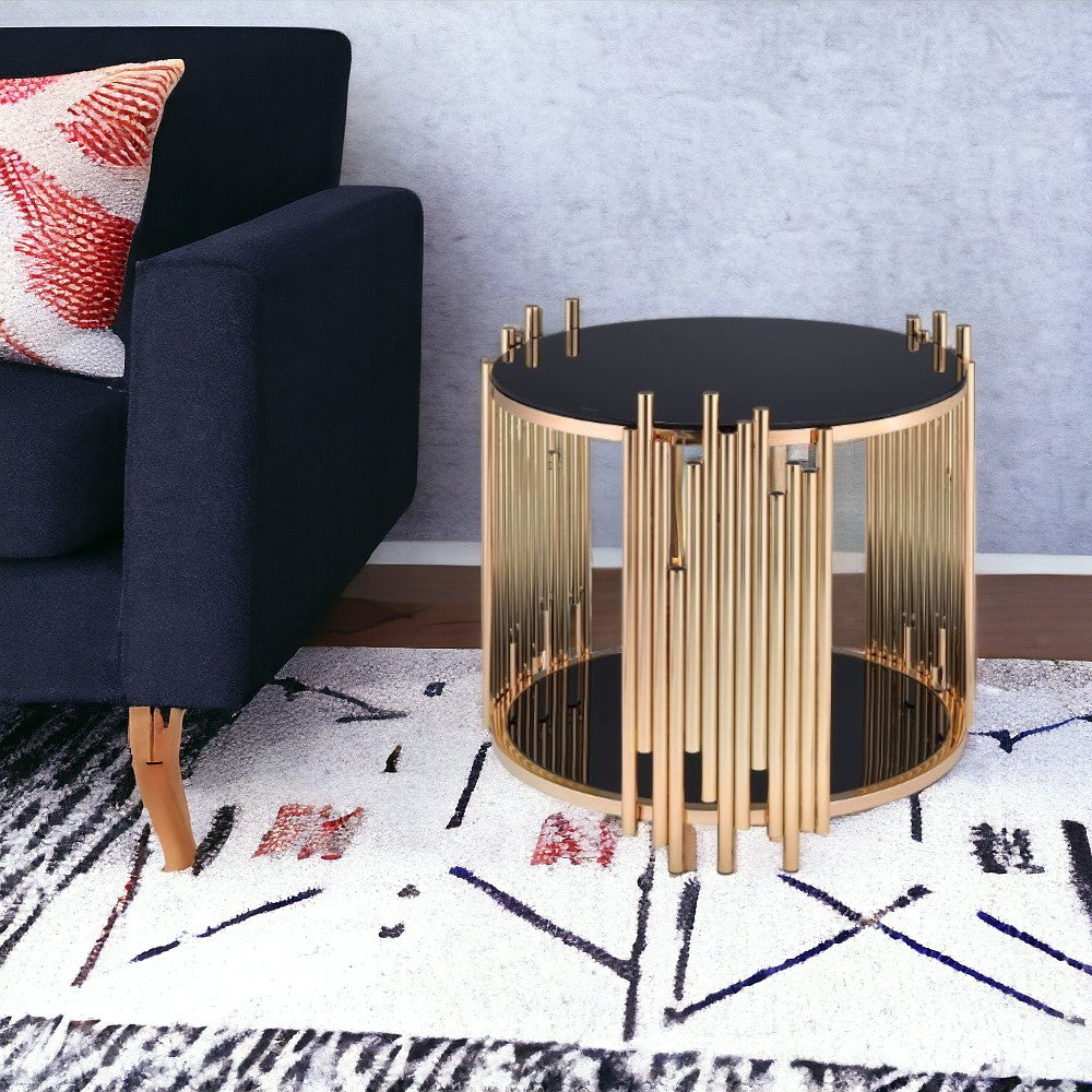 22" Gold And Black Glass And Iron Round End Table With Shelf