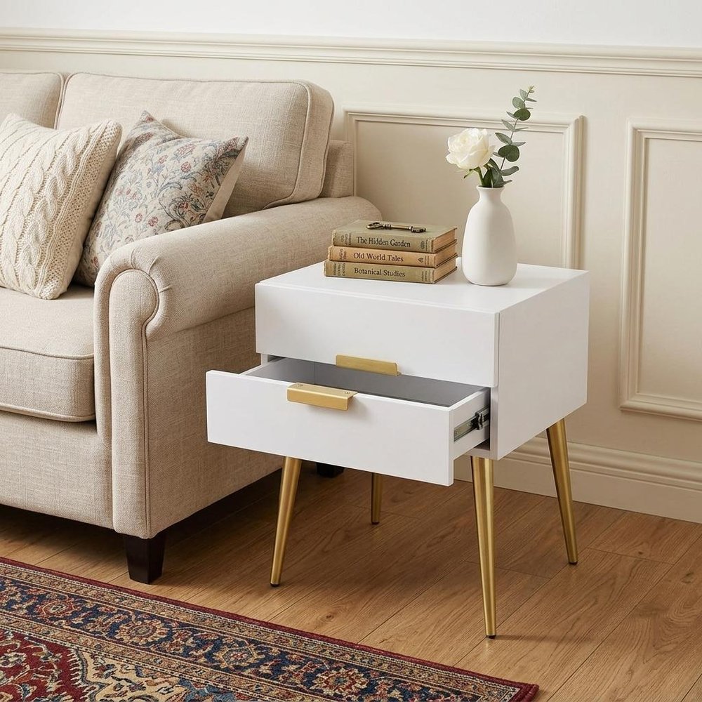 24" Black And Gold Wood And Iron End Table With Two Drawers