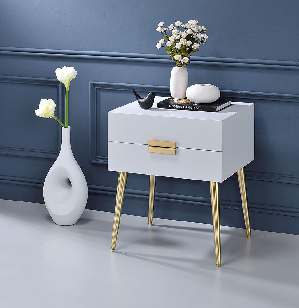 24" Black And Gold Wood And Iron End Table With Two Drawers