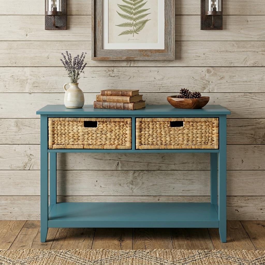 44" Teal Blue Solid Wood Console Table