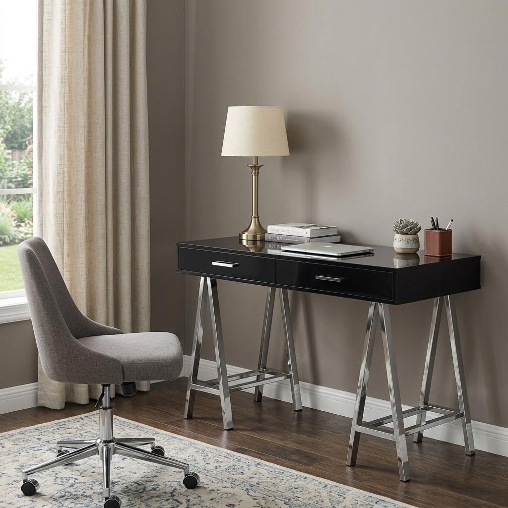 54" Black and Silver Writing Desk With Two Drawers