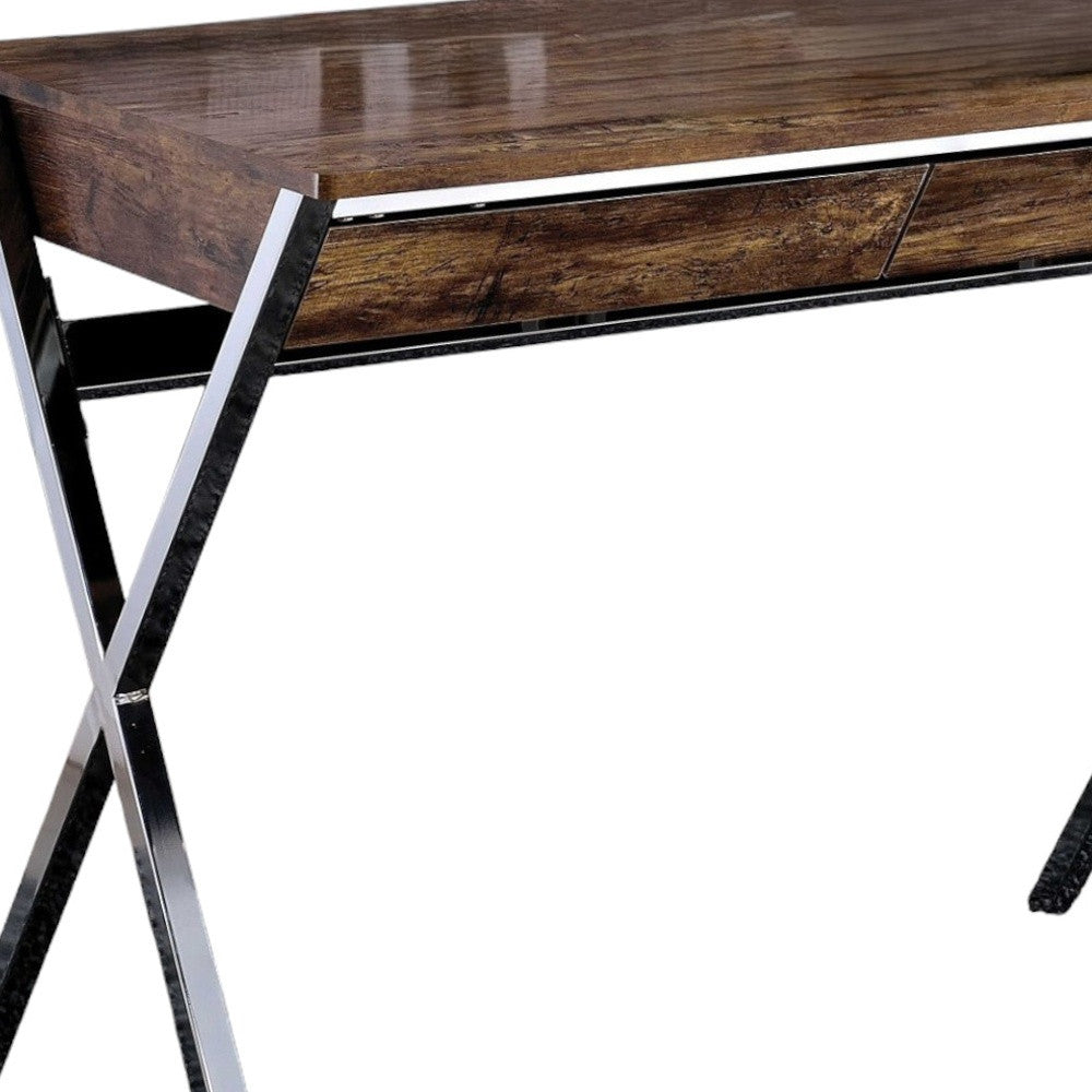 36" Brown and Silver Writing Desk With Two Drawers