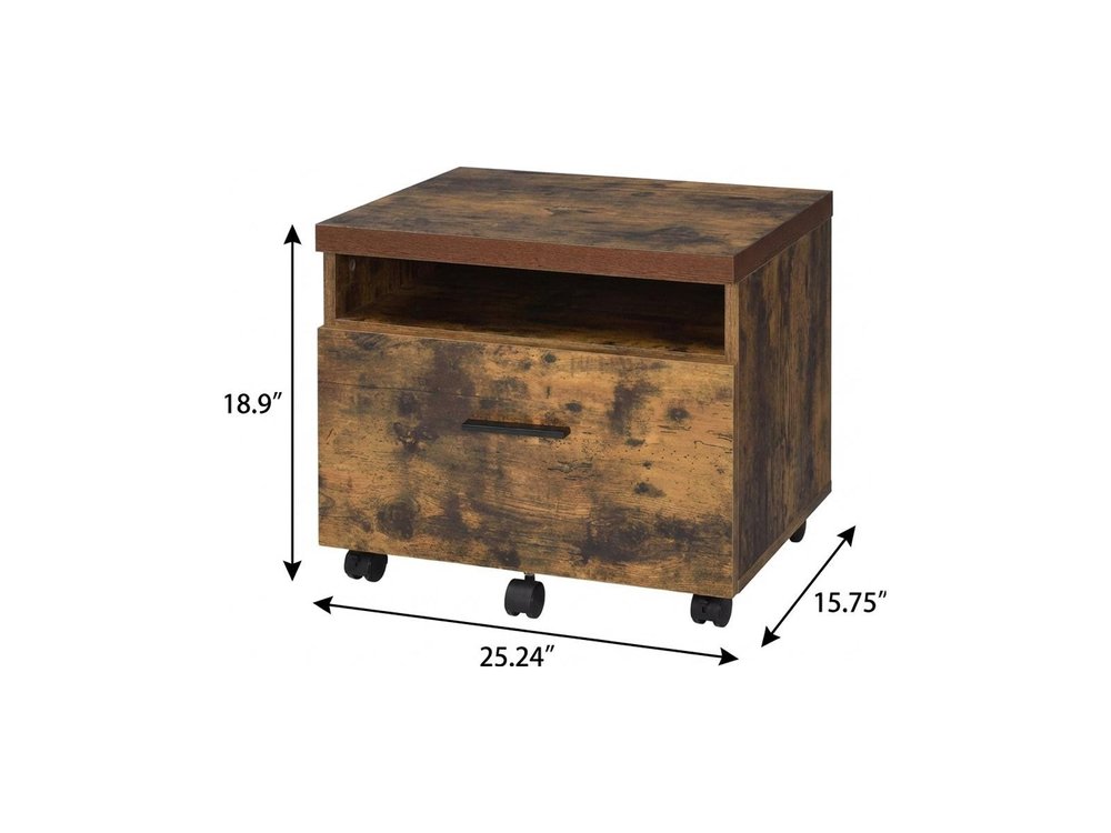 19" Brown And Black Rustic Wood Single Drawer Rolling Filing Cabinet