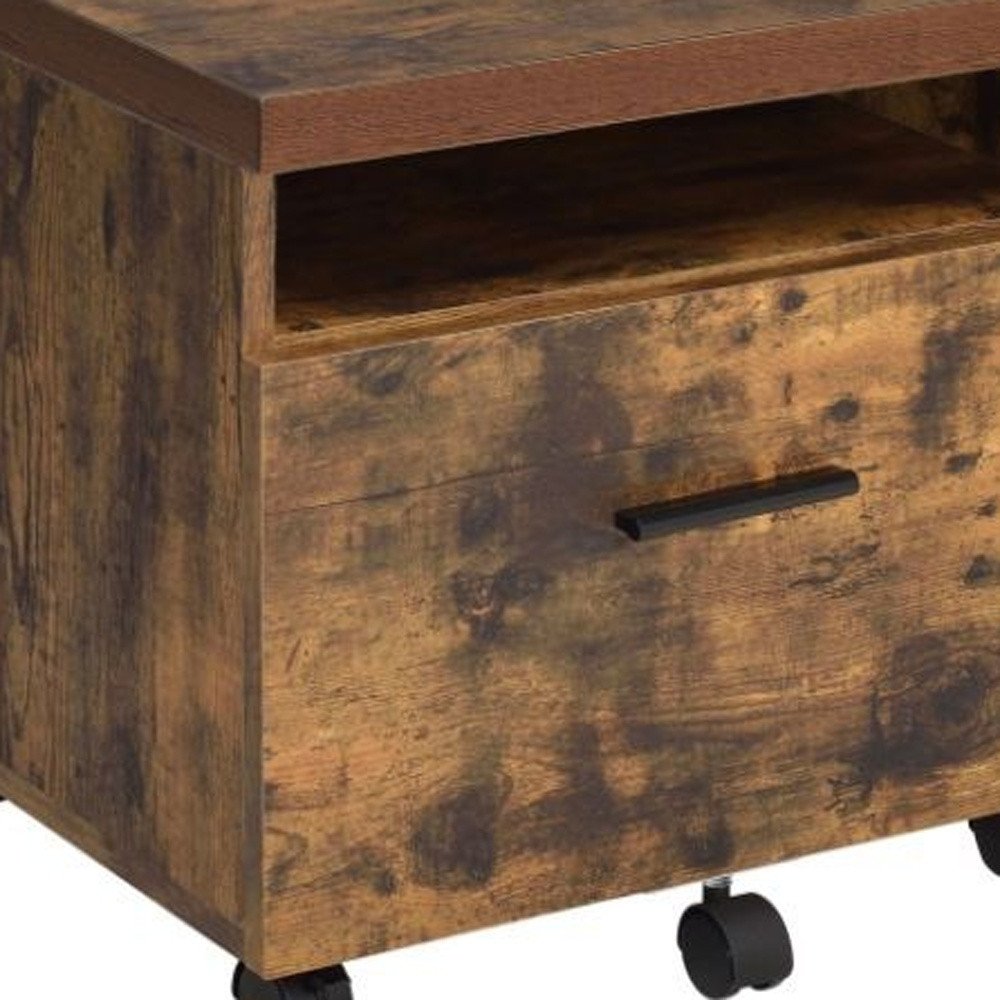 19" Brown And Black Rustic Wood Single Drawer Rolling Filing Cabinet
