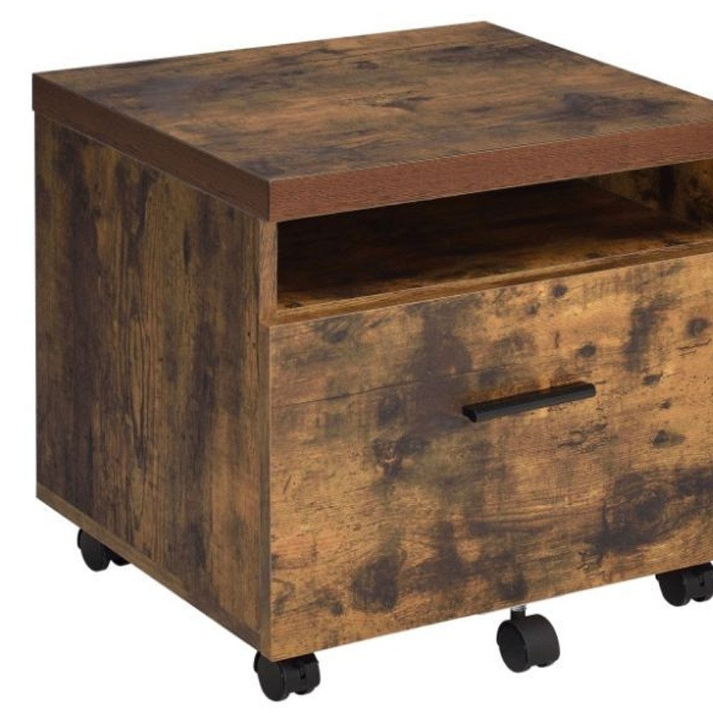 19" Brown And Black Rustic Wood Single Drawer Rolling Filing Cabinet