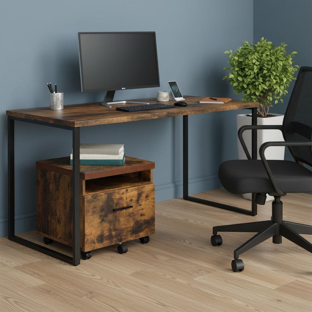 19" Brown And Black Rustic Wood Single Drawer Rolling Filing Cabinet