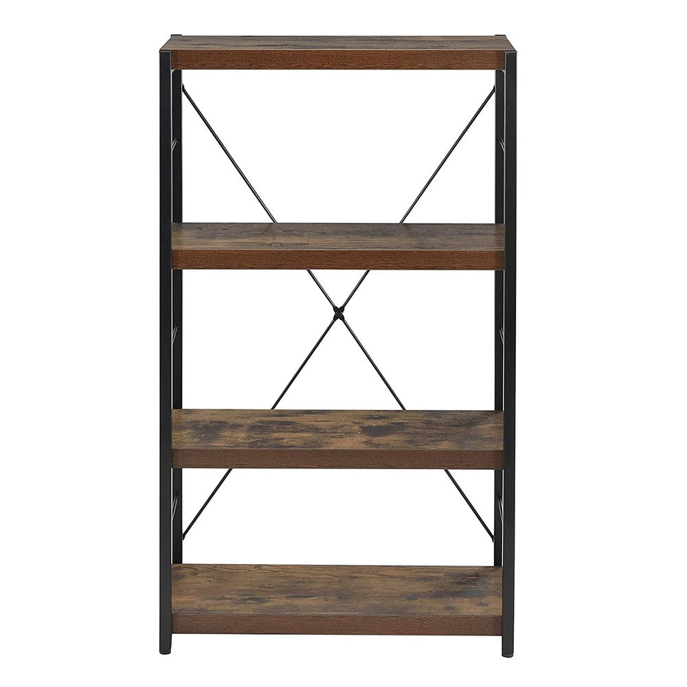 43" Black And Brown Distressed Metal and Wood Three Tier Etagere Bookcase