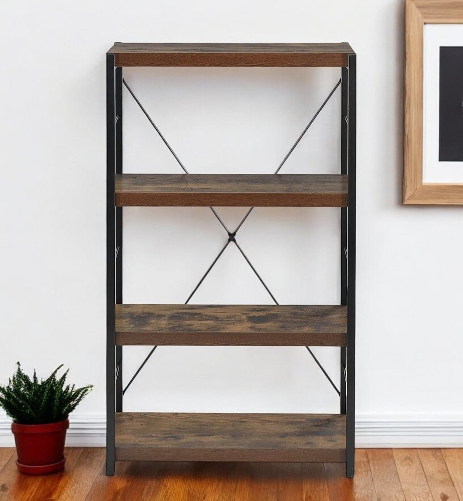 43" Black And Brown Distressed Metal and Wood Three Tier Etagere Bookcase