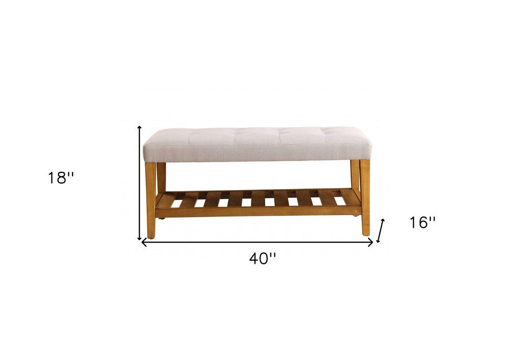 40" Gray and Brown Linen Blend and Solid Wood Upholstered Storage Bench With Shelves