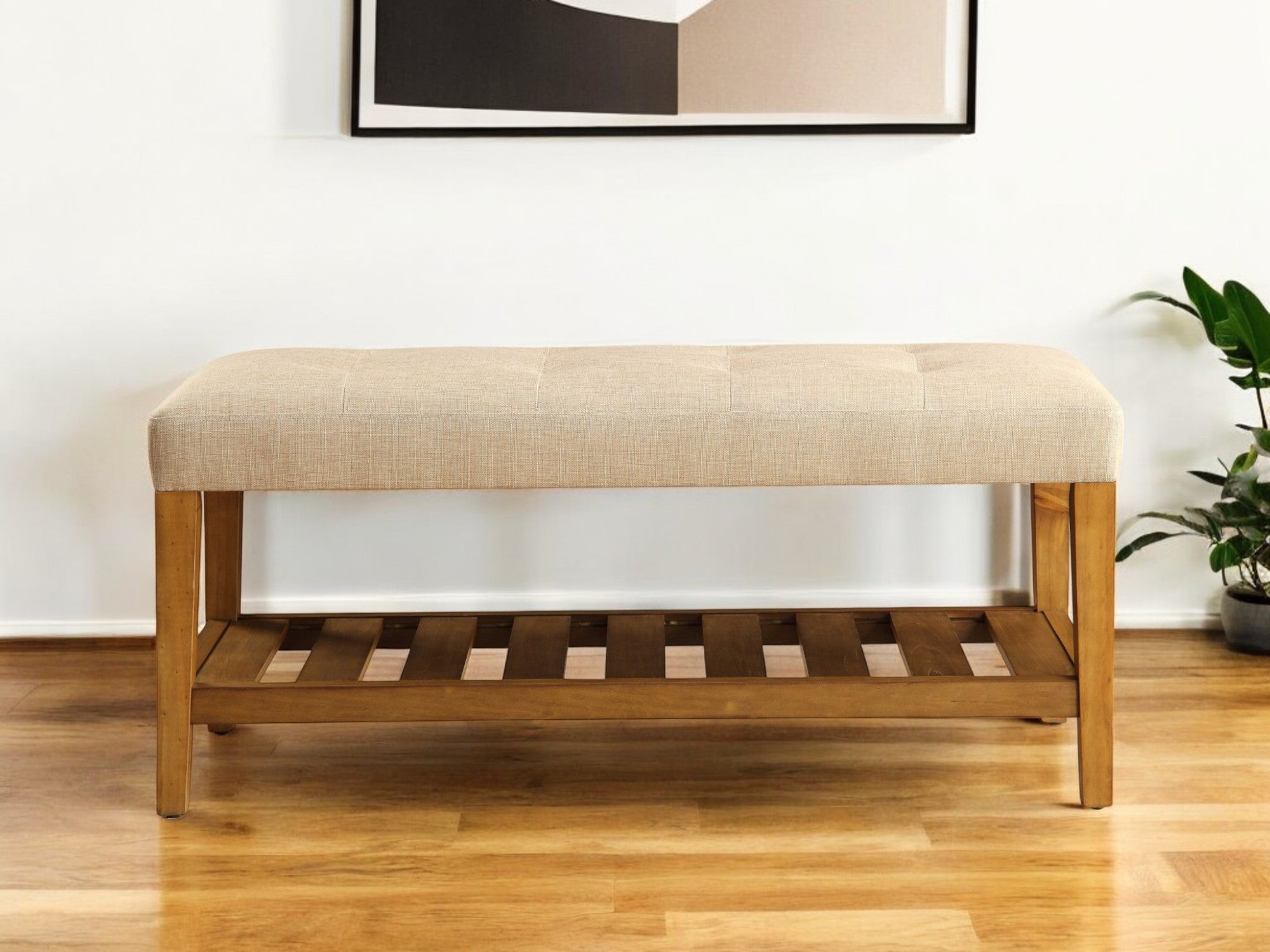 40" Beige and Brown Upholstered Polyester Bench with Shelves