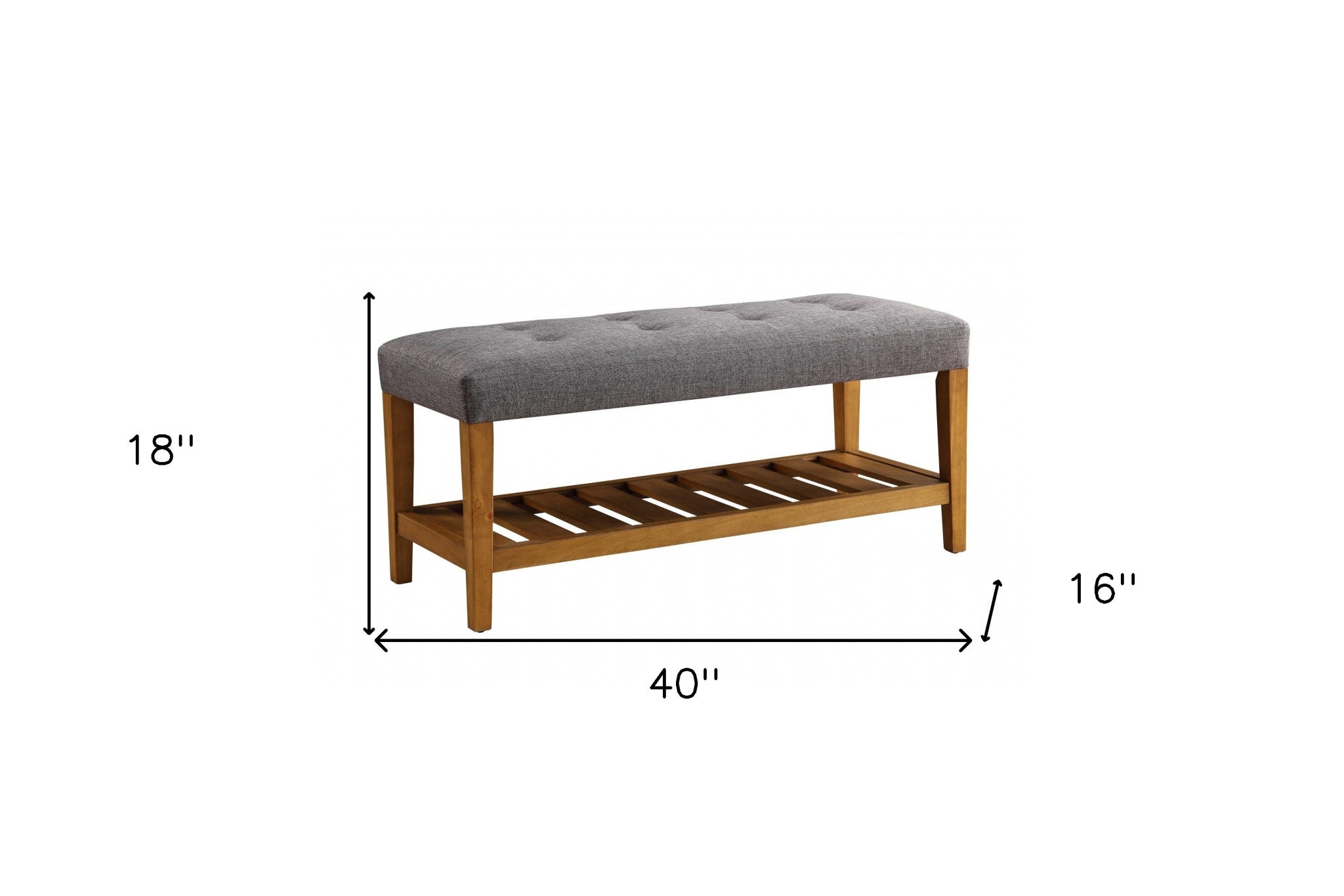 40" Gray and Brown Linen Blend and Solid Wood Upholstered Storage Bench With Shelves