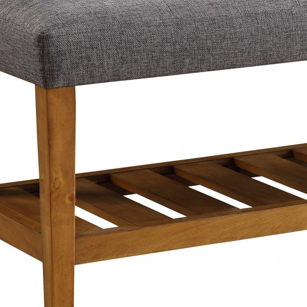 40" Gray and Brown Linen Blend and Solid Wood Upholstered Storage Bench With Shelves